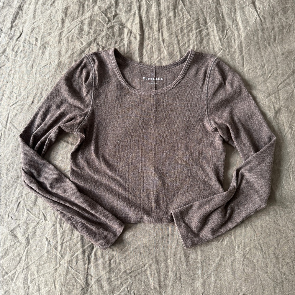 Everlane Pima Ribbed Long Sleeve Crop Tee - Heathered Brown
